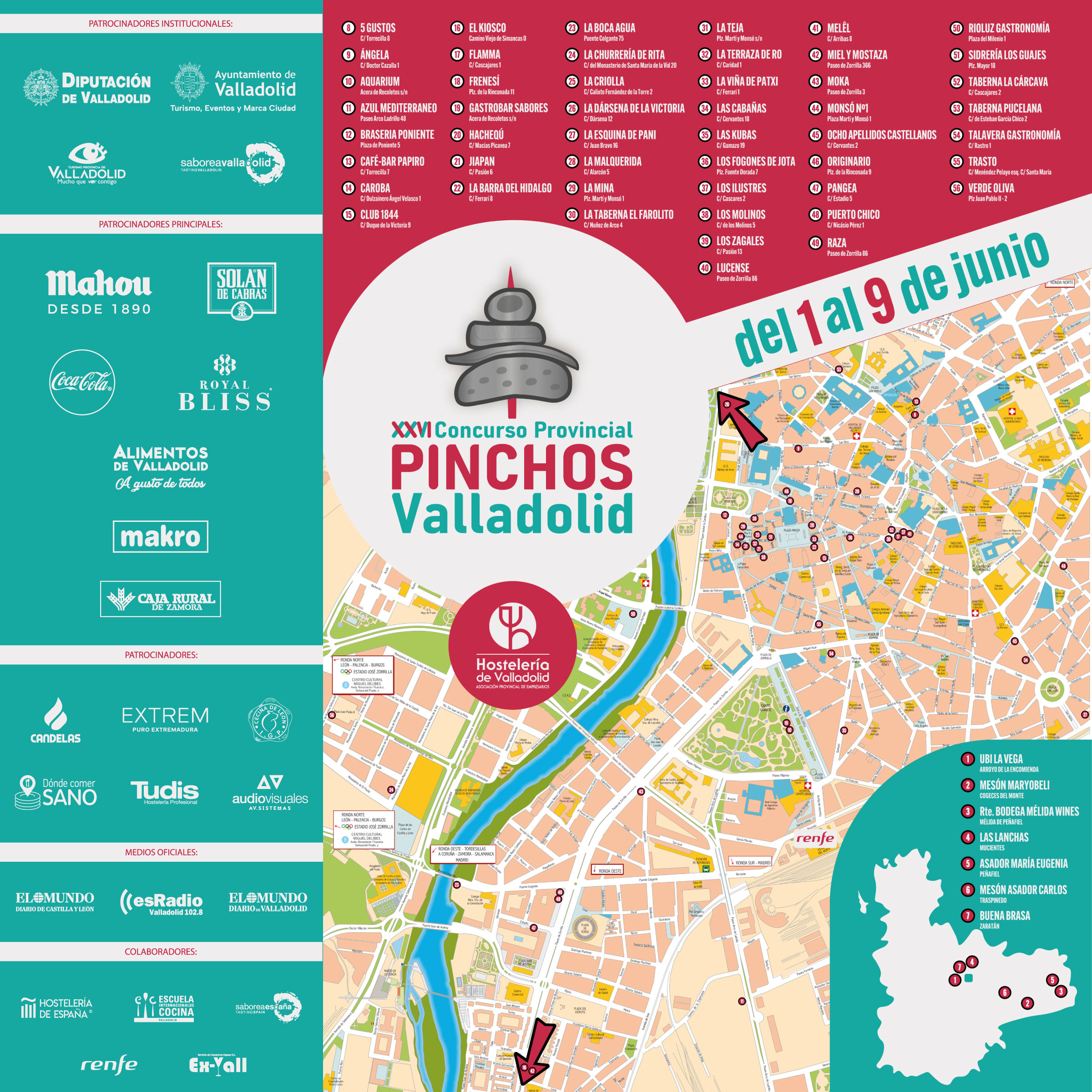 M,APA DE  LOS ESTABLECIMEINTOS DONDE DEGUSTAR LOS PINCHOS DEL XXVI CONCURSO NACIONAL DE PINCHOS DE LA PROVINCIA DE VALLADOLID